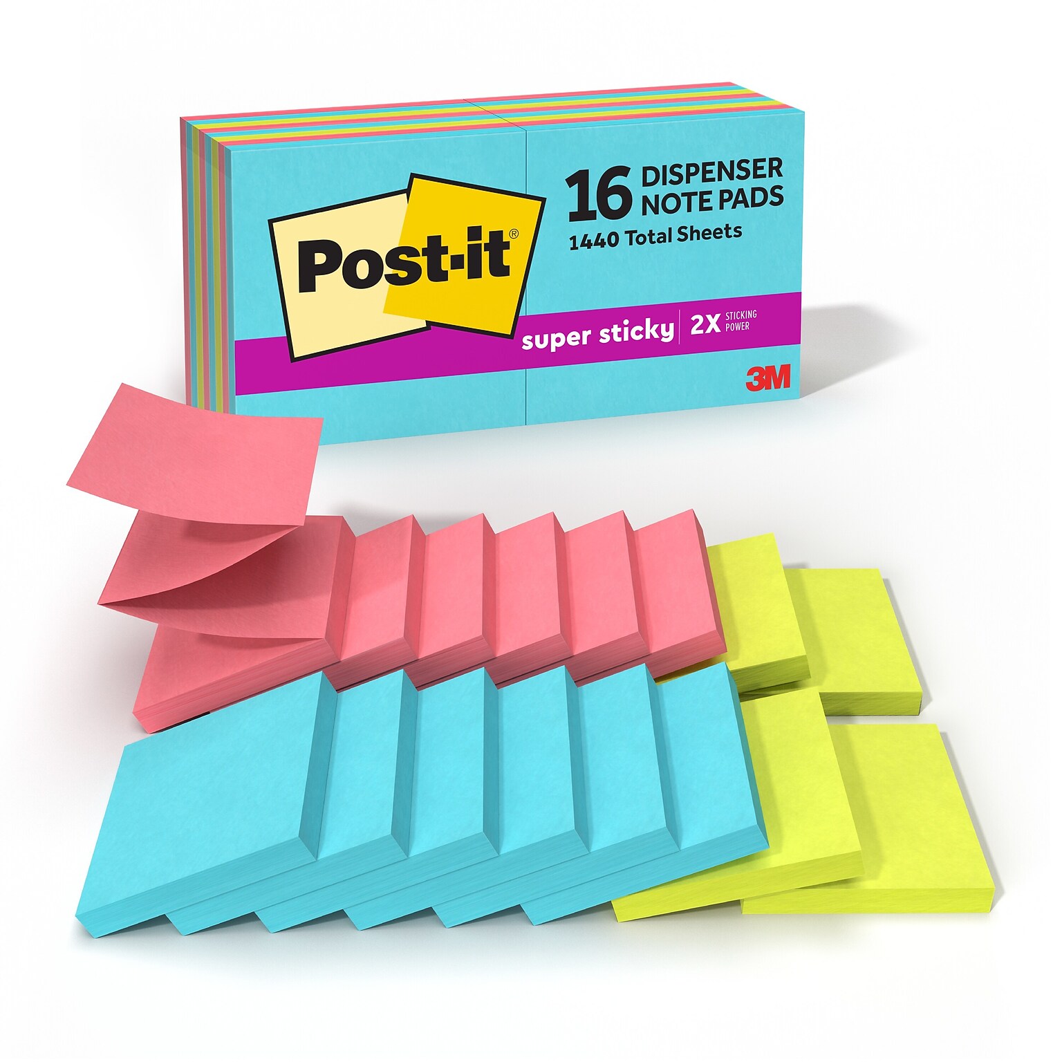 Post-it Super Sticky Dispenser Notes, 3 x 3, Neon Collection, 90 Sheets/Pad, 16 Pads/Pack (R33012SSMIA+4)