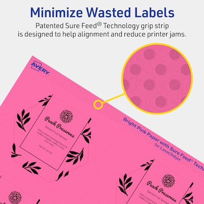 Avery Hexagon Laser/Inkjet Multipurpose Labels, 2-1/2" x 2-57/64", Bright Pink (480/Box)