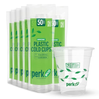 Perk™ Eco Compostable Plastic Cold Cup, 12 Oz., Clear/Green, 300/Carton (PK56195)