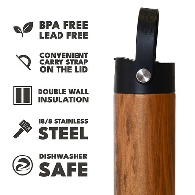 Elemental Core Stainless Steel Double Wall Insulated Water Bottle, 24 oz., Teakwood (EMLEBC24WD20)