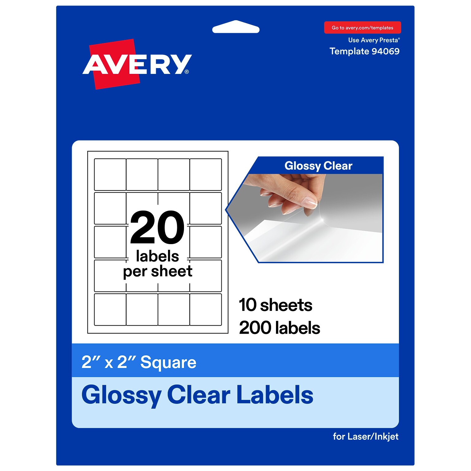 Avery Square Laser/Inkjet Multipurpose Labels, 2 x 2, Clear, 20 Labels/Sheet, 10 Sheets/Pack (19479311175)