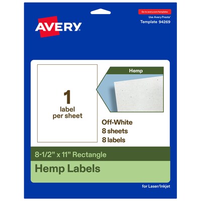Avery Hemp Rectangle Laser/Inkjet Multipurpose Labels, 8-1/2 x 11, Off-White (8/Pack)