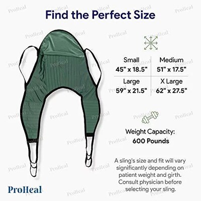 ProHeal Universal Divided Leg Lift U Sling w/ Head Support for Patient Lifts, Small, 45" x 18.5", Polyester (PHP-30100P-HS)