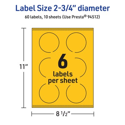 Avery Laser/Inkjet Round Multipurpose Labels, 2.75" Dia., Bright Yellow, 60/Pack (94512)