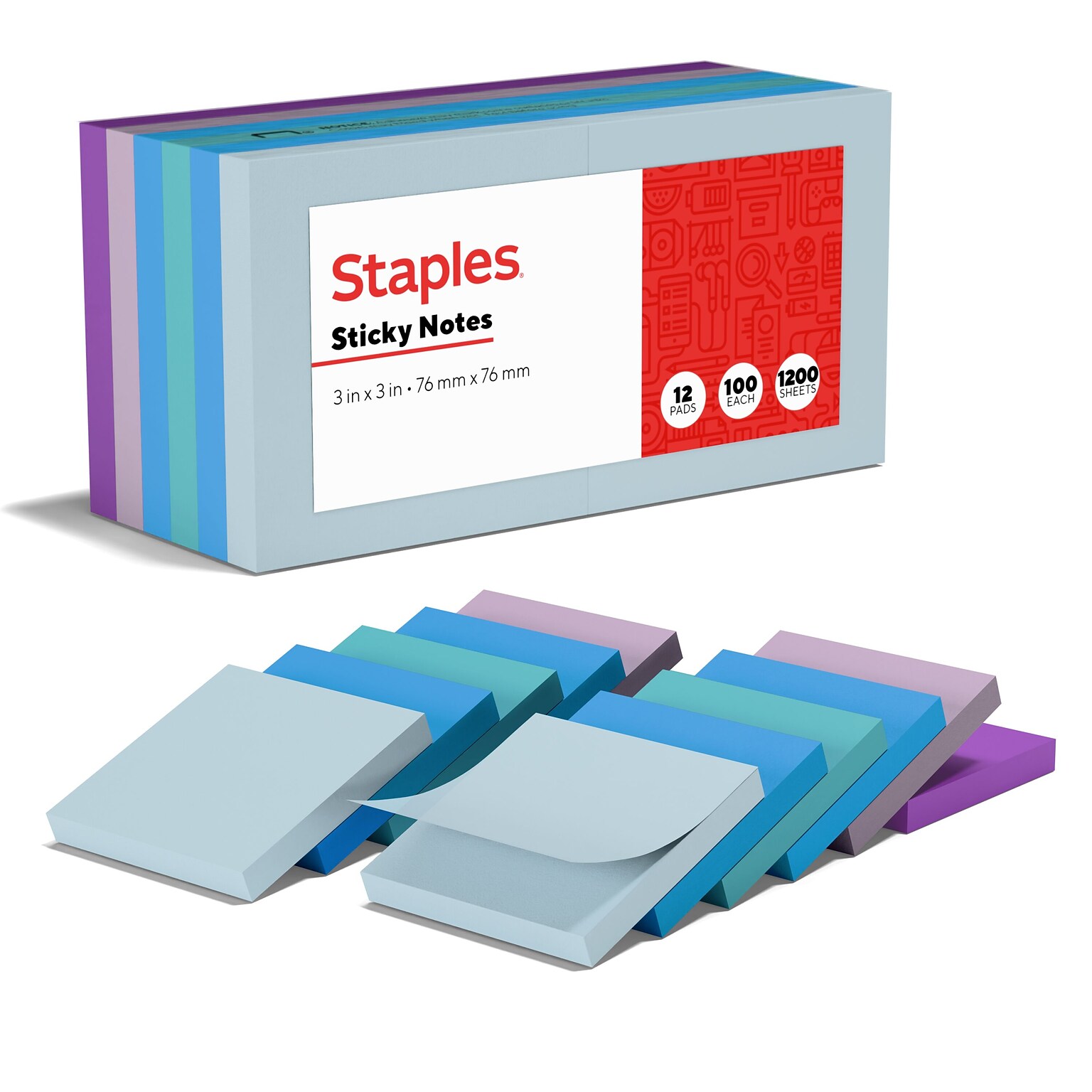 Staples Notes, 3 x 3, Marina Collection, 100 Sheet/Pad, 12 Pads/Pack (19758-US)