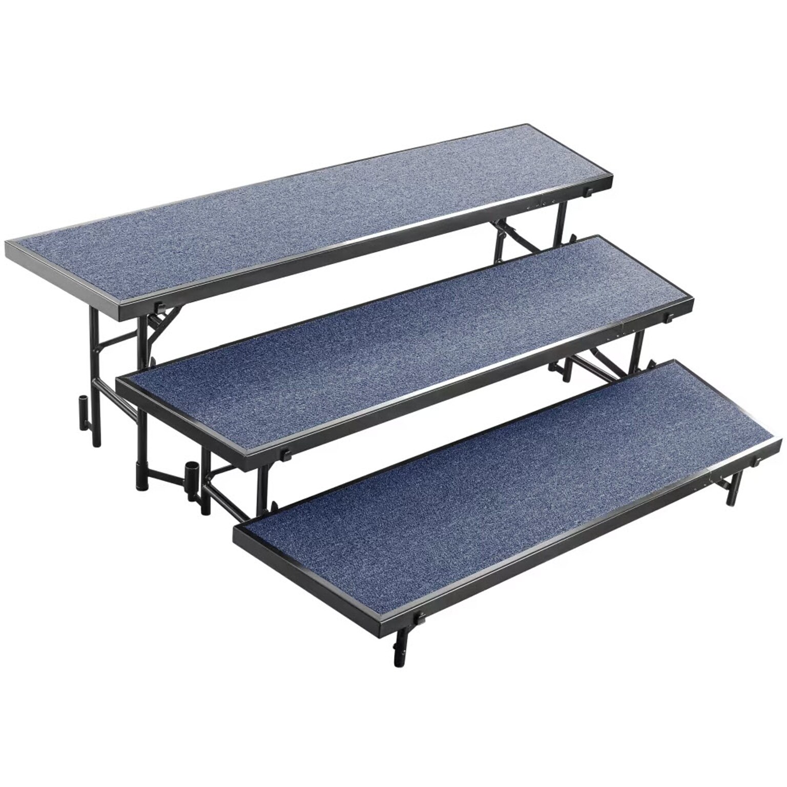 NPS 3 Level Tapered Standing Choral Riser, 54W x 60”-72”L x 24H, Blue Carpet (RT3LC-04)