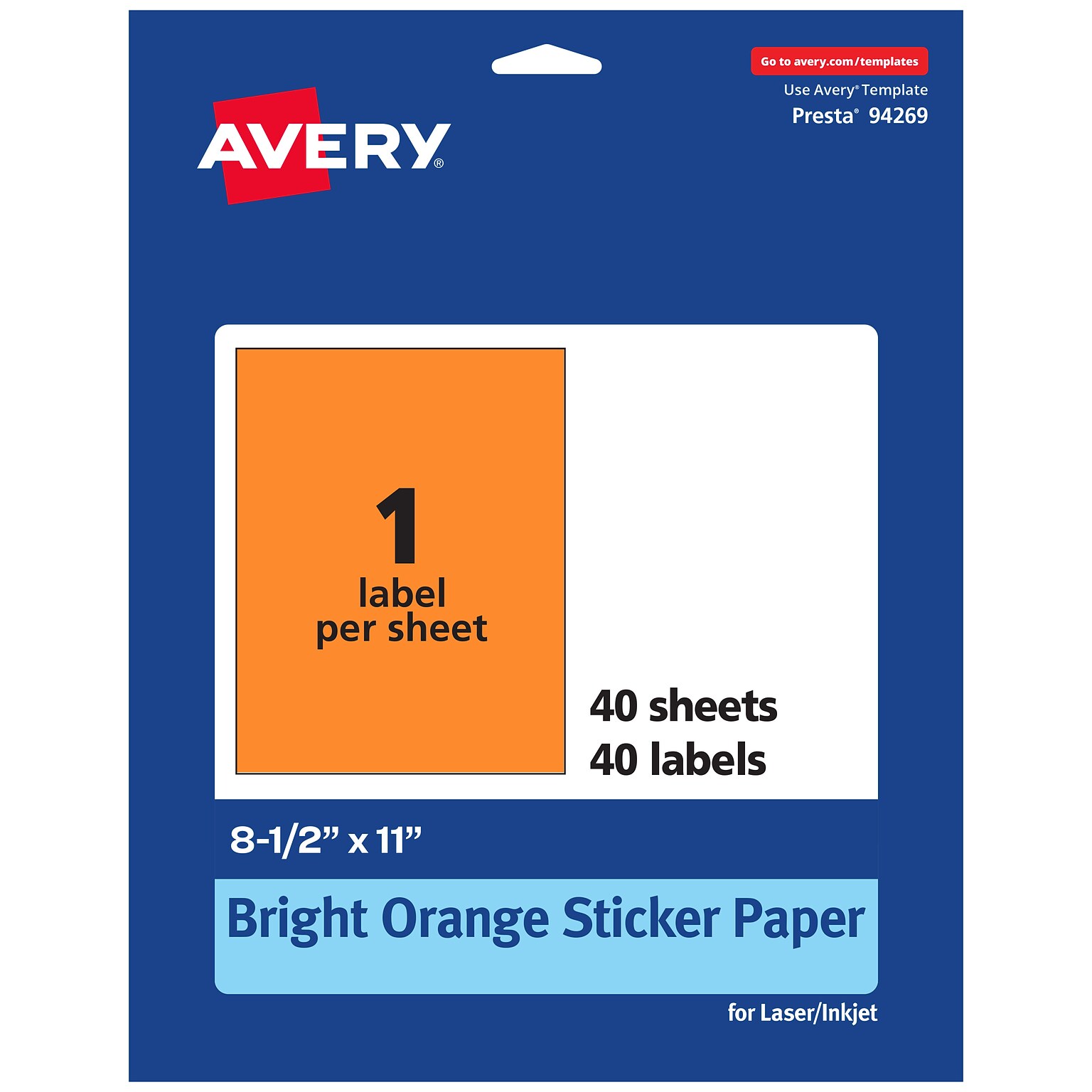 Avery Laser/Inkjet Multipurpose Rectangle Labels, 8.5 x 11, Bright Orange, 40/Pack (94269)