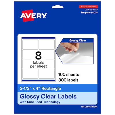 Avery Rectangle Laser/Inkjet Multipurpose Labels, Clear, 8 Labels/Sheet, 100 Sheets/Pack (19479311194)