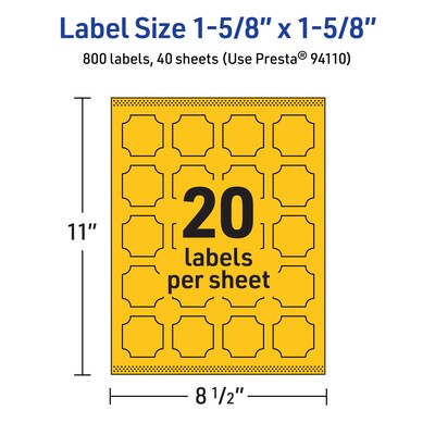 Avery Square Scalloped Laser/Inkjet Multipurpose Labels, 1-5/8" x 1-5/8", Bright Yellow (800/Box)