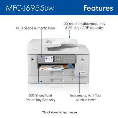 Brother INKvestment Tank MFC-J6955DW Wireless Color Inkjet Printer, All-In-One Supertank, Print, Scan, Copy, Fax