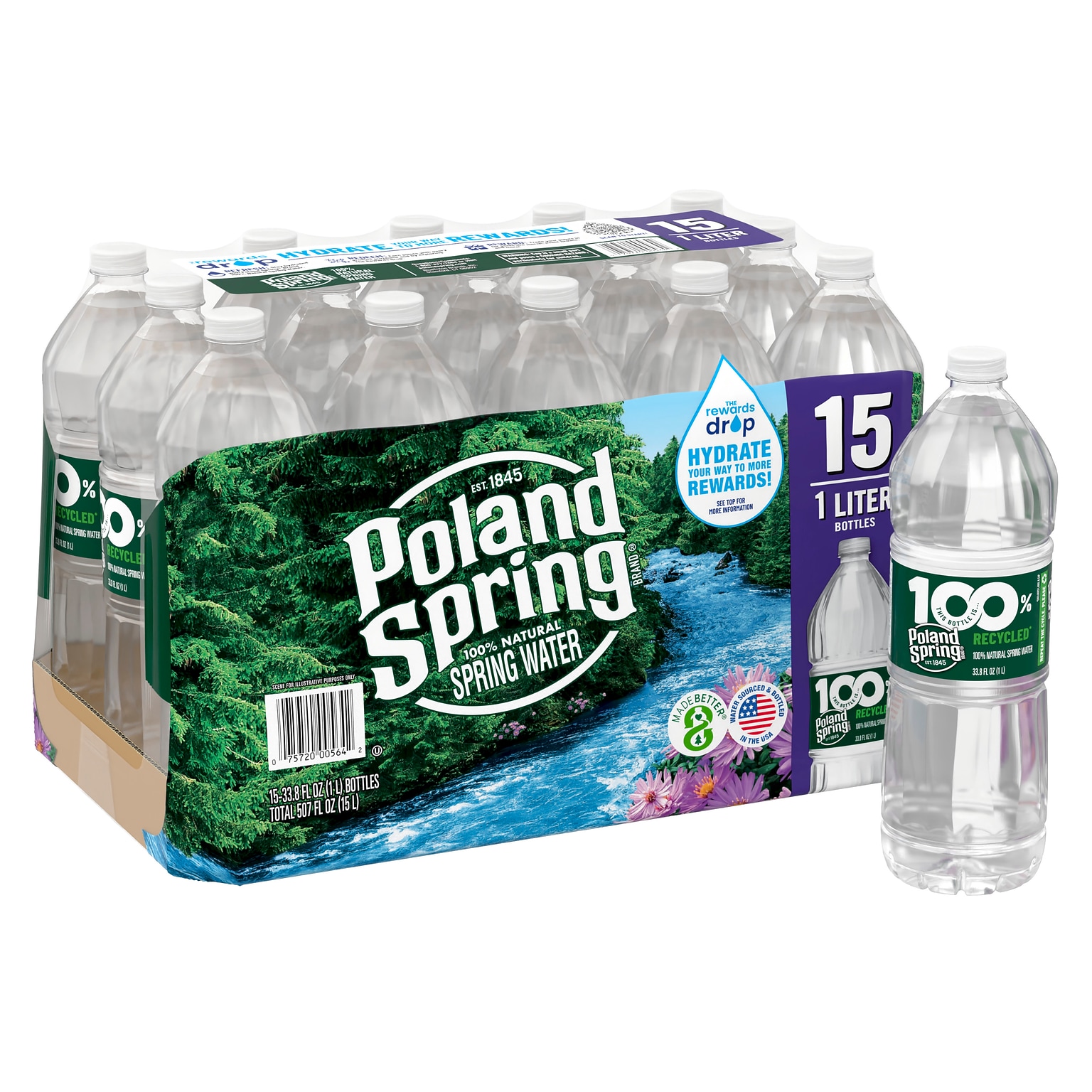 Poland Spring 100% Natural Spring Water, 33.8 oz. Plastic Bottles, 15/Carton (12349654)
