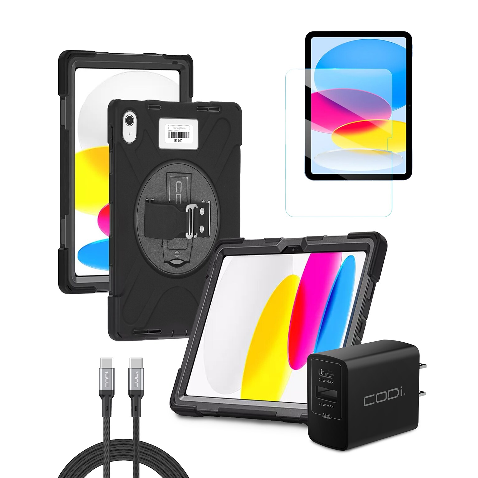 CODi iPad Essentials Bundle: Rugged Case 11 (A16)/ 10.9 (10th Gen) + Screen Protector + 20W Dual Port Charger + USB-C Cable