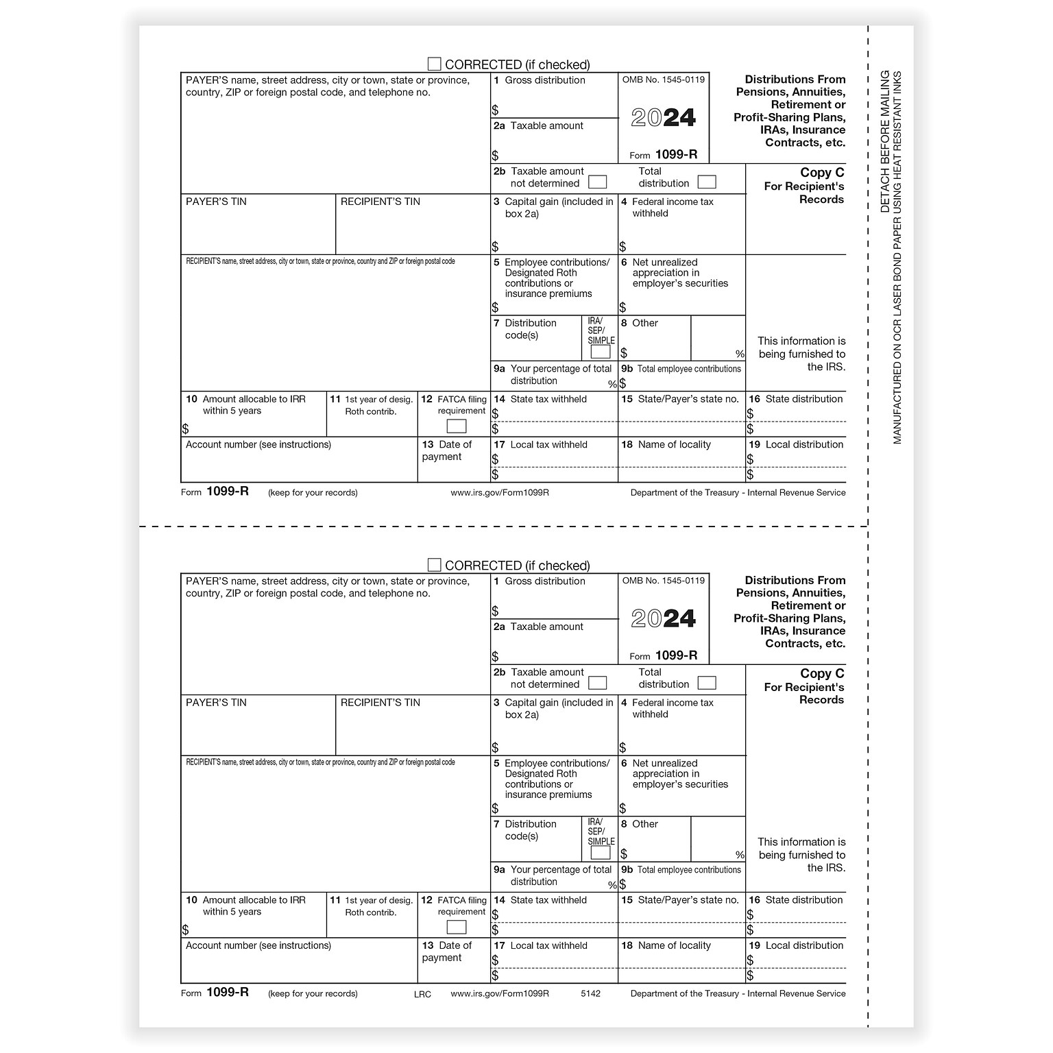 ComplyRight 2024 1099-R Tax Form, 1-Part, 2-Up, Recipient Copy C, 50/Pack (514250)
