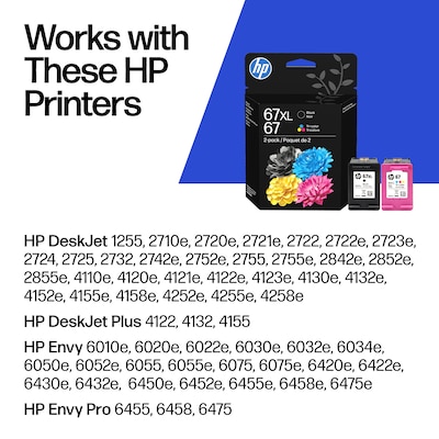 HP 67XL/67 Black High Yield and Tri-Color Standard Yield Ink Cartridge, 2/Pack (3YP30AN#140)