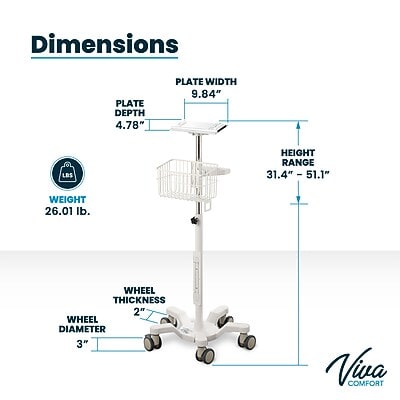 Viva Comfort Height-Adjustable Portable Mobile Stand for Edan Vital Signs Monitor, White (ADI912-C-MP-03-MK)