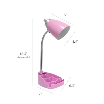 Simple Designs Gooseneck Organizer LED Desk Lamp, 18.50", with iPad Tablet Stand and Charging Outlet, Pink (LD1057-PNK)
