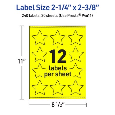 Avery Star Laser/Inkjet Multipurpose Labels, 2-1/4" x 2-3/8", Neon Yellow (240/Pack)