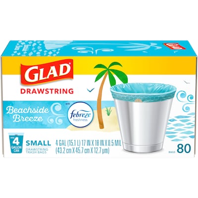 Glad 4 Gallon Drawstring Kitchen Trash Bags, Febreze Freshness Beachside Breeze Scent, Blue, 80/Box (79155)