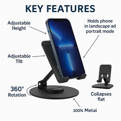 Uncaged Ergonomics 360° Swivel Rotating Adjustable Cell Phone Stand for Desk, Black (SPS-BLACK)