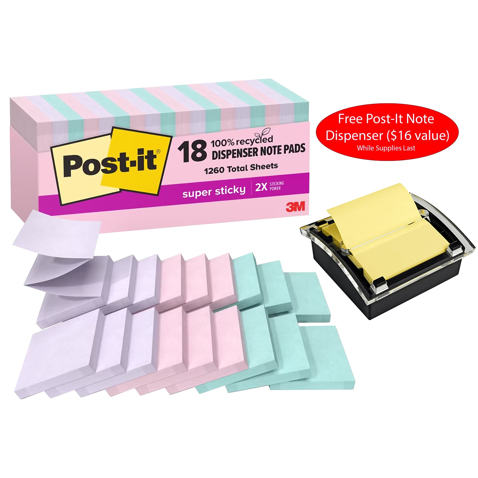 Free Post-It Note Dispenser ($16 value) w/Purchase, 3 x 3 Pop Up Recycled Sticky Notes, Wanderlust, 70 Sheets/Pad, 18 Pads/Pk
