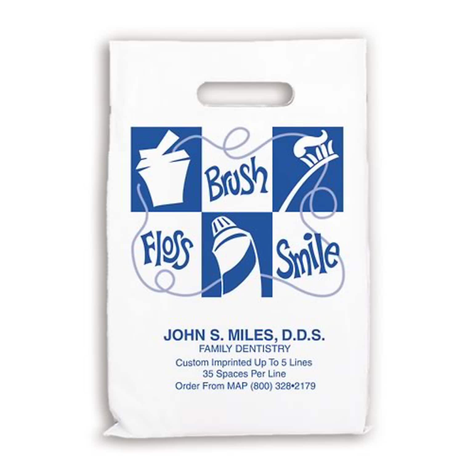 Medical Arts Press® Dental Personalized 1-Color Small Supply Bags; 7-1/2x9, Brush Floss Smile, 100 Bags, (72692)