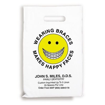 Medical Arts Press® Dental Personalized Large 2-Color Supply Bags; 9 x 13, Happy Face Braces, 100 B