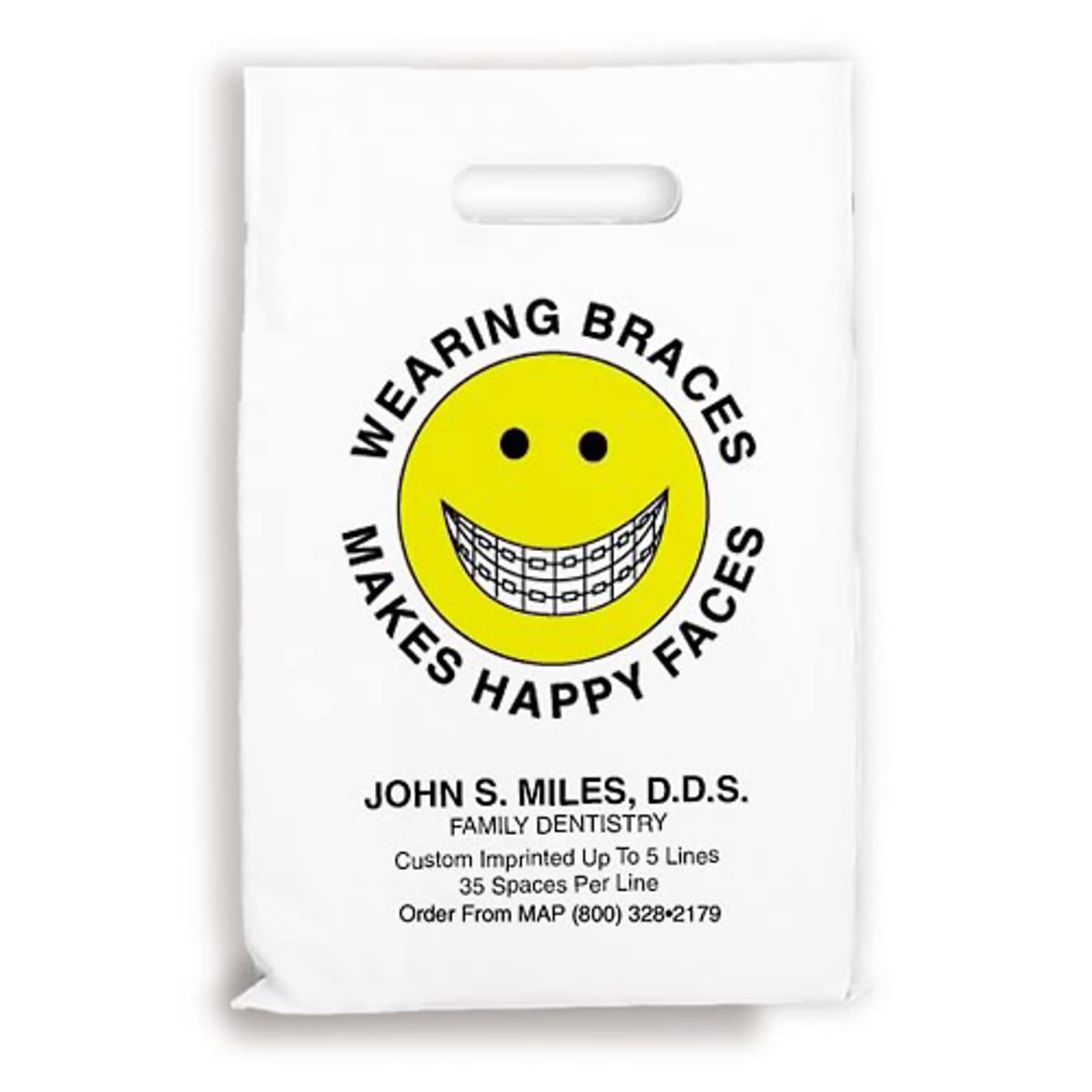 Medical Arts Press® Dental Personalized Large 2-Color Supply Bags; 9 x 13, Happy Face Braces, 100 Bags, (606601)