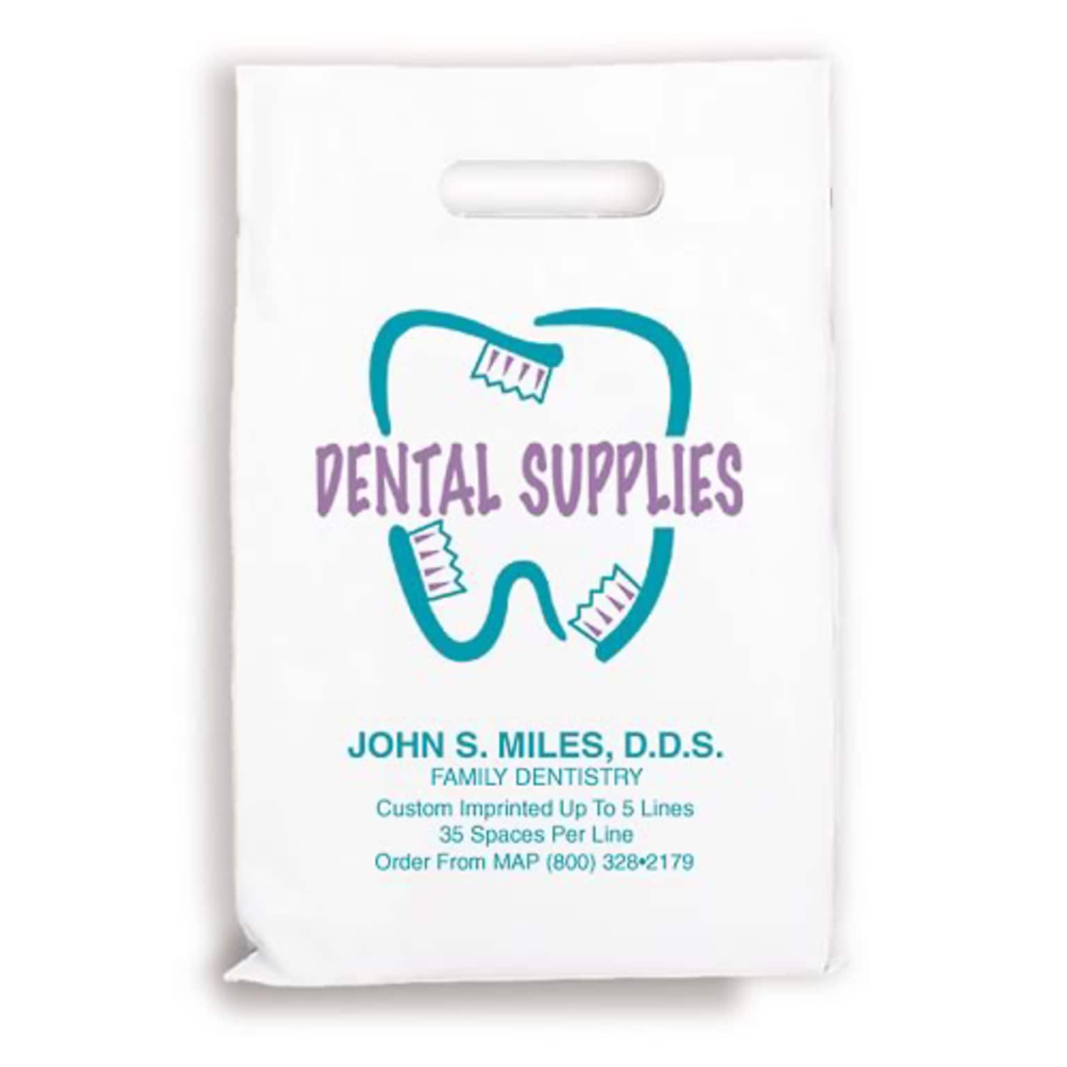 Medical Arts Press® Dental Personalized 2-Color Supply Bags; 9 x 13, Tooth Shaped w/brushes, 100 Bags, (635071)