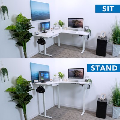 Mount-It! 63"W Electric L-Shaped Corner Adjustable Standing Desk, White/White (MI-15011)