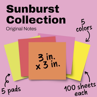 Post-it Notes, 3" x 3", Sunburst Collection, 100 Sheet/Pad, 5 Pads/Pack (654-5SUN)