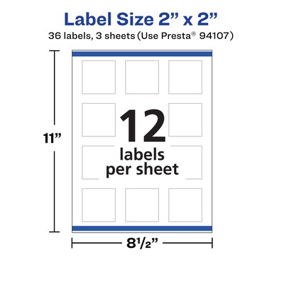 Avery Laser/Inkjet Square Multipurpose Labels, 2" x 2", Matte White, 36 Labels/Pack (94107)