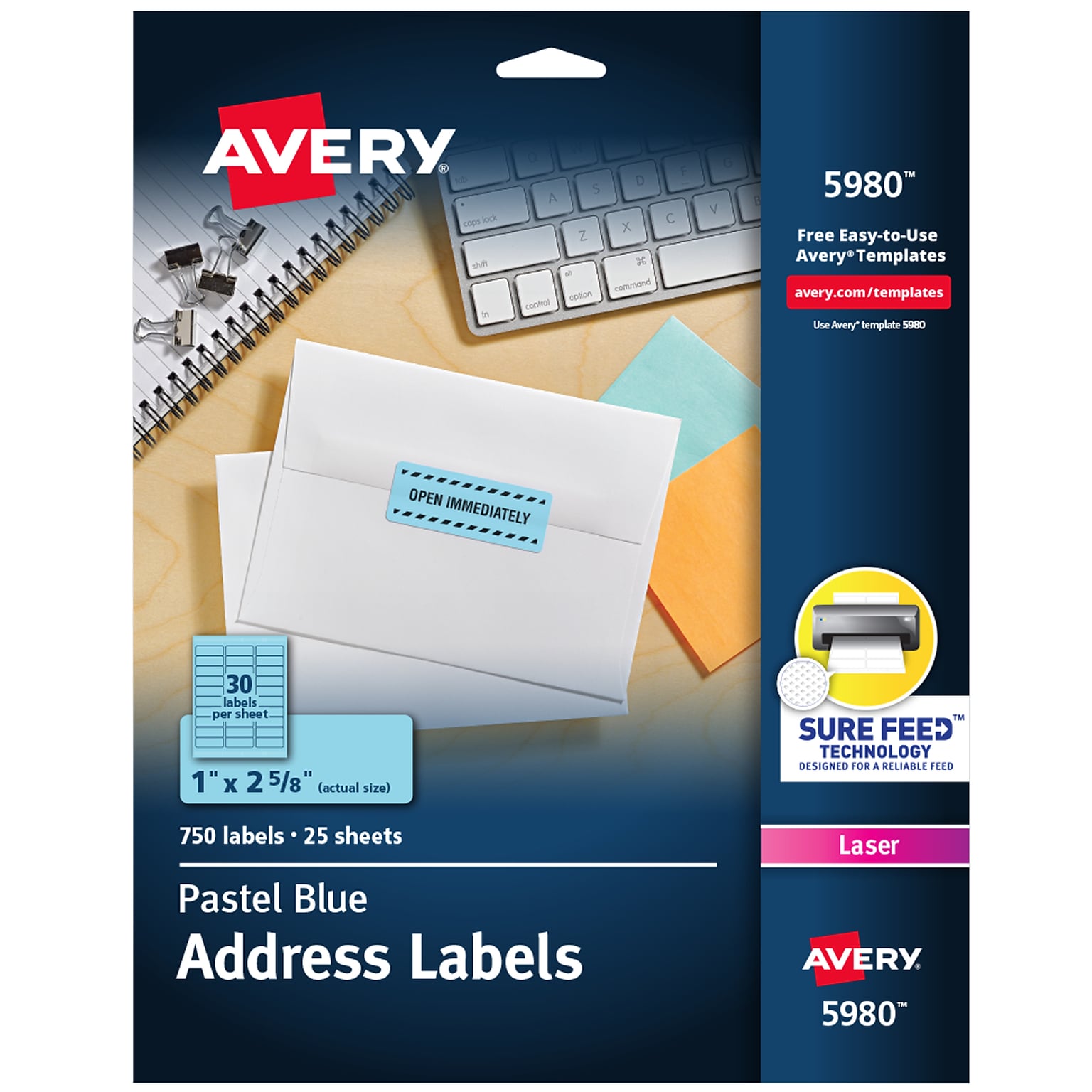 Avery Sure Feed Laser Address Labels, 1 x 2 5/8, Pastel Blue, 30 Labels/Sheet, 25 Sheets/Pack (5980)