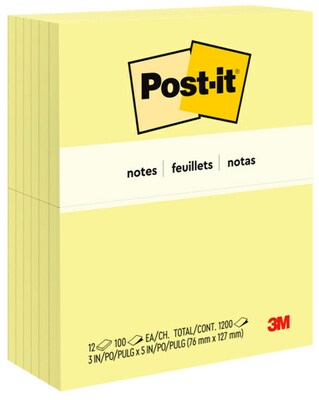 Post-it Notes, 3 x 5, Canary Collection, 100 Sheet/Pad, 12 Pads/Pack (655-YW)