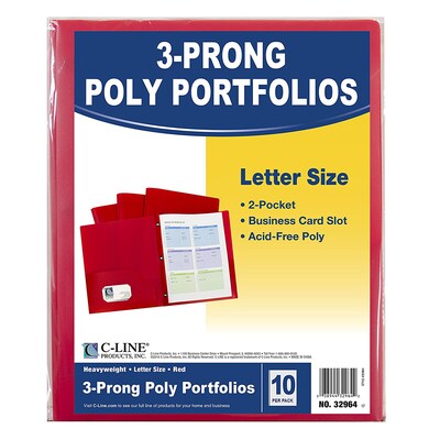 C-Line, Red Two Pocket Poly Portfolios With 3 Prongs Pack of 10, 8.5 x 11 paper size (CLI32964)