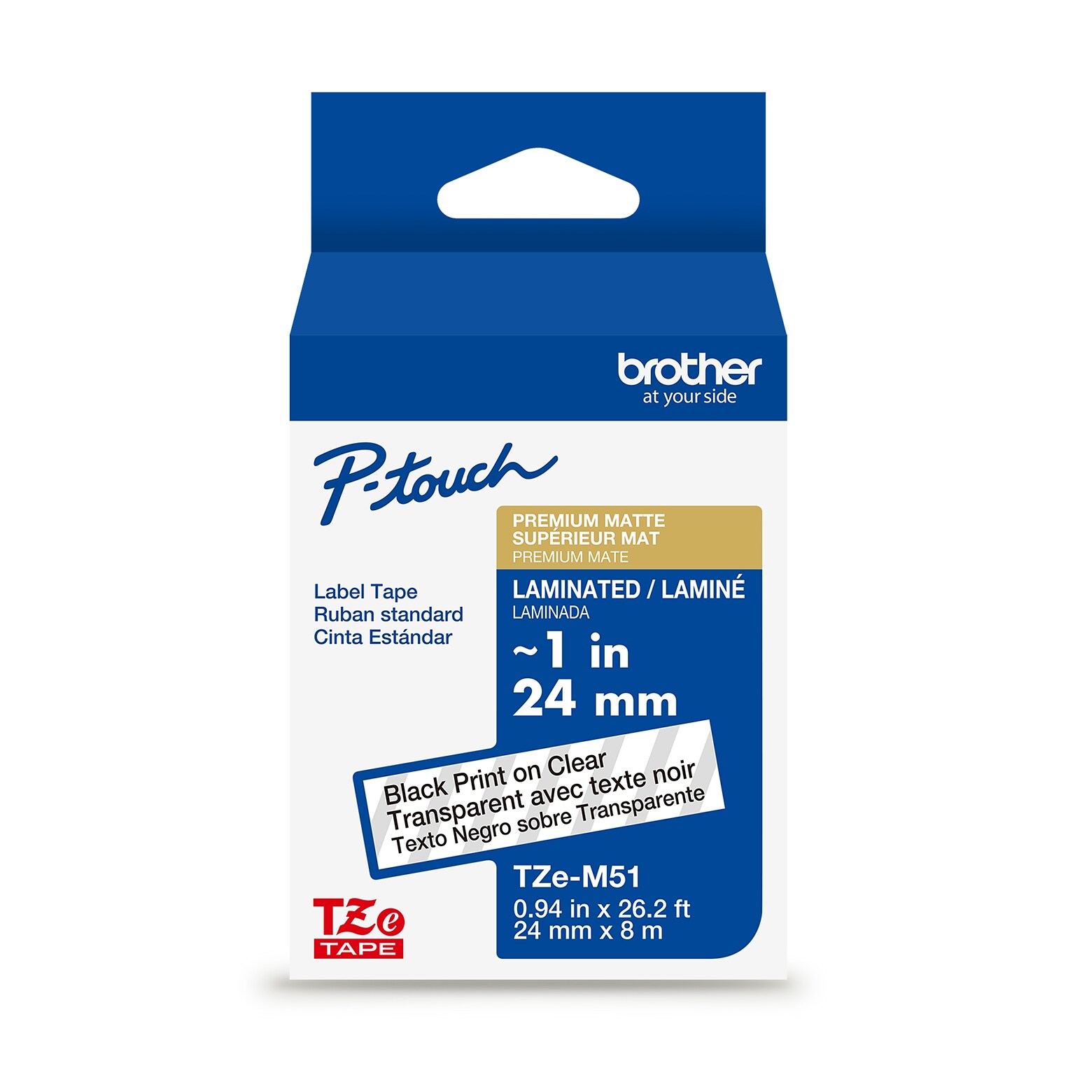 Brother P-touch Premium Matte Laminated Label Tape, ~1 x 26.2, Black on Clear (TZeM51)