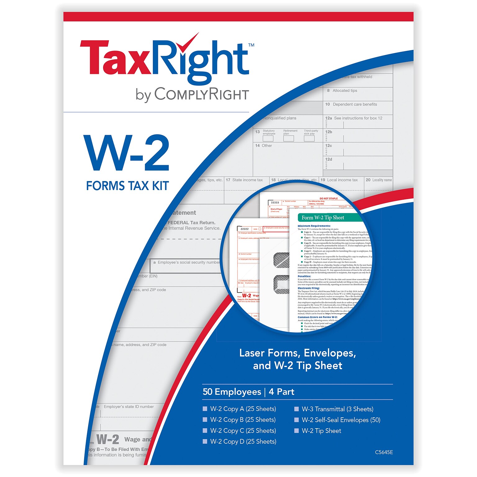 ComplyRight TaxRight 2024 W-2 Tax Form Tax Form Set with Envelopes, 4-Part, 50/Pack (SC5645E)