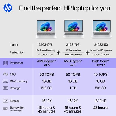 HP OmniBook 5 16" 2K Laptop, CoPilot+ PC, AMD Ryzen AI 7 350, 16GB RAM, 1TB SSD, +16.75 hour battery, Windows 11 Home
