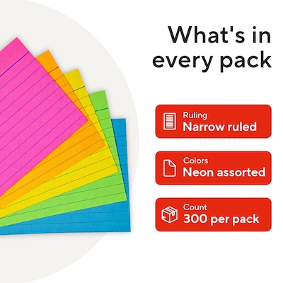 Staples Index Cards, 3" x 5", Lined, Neon Assorted Colors, 300 Pack – Bright Ruled Cards for Studying, Notes & Projects