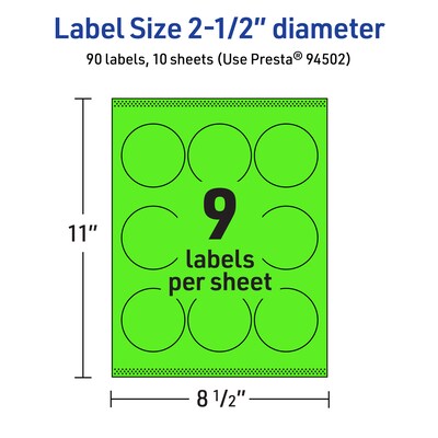 Avery Laser/Inkjet Multipurpose Circle Labels, 2.5" Dia., Neon Green, 90/Pack (94502)