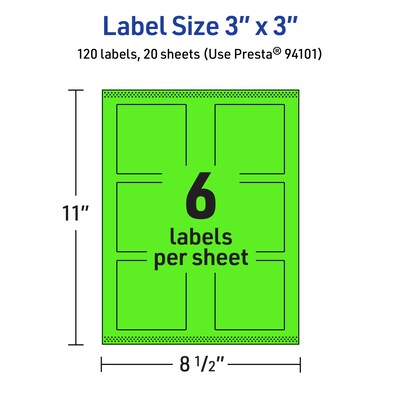 Avery Laser/Inkjet Multipurpose Square Labels, 3" x 3", Neon Green, 120/Pack (94101)