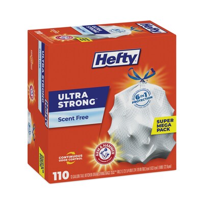Hefty® Ultra Strong Tall Kitchen and Trash Bags, 13 gal, 0.9 mil, 23.75" x 24.88", White, 110/Box