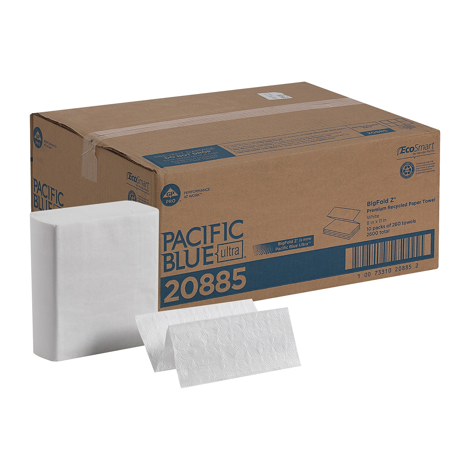 Pacific Blue Ultra Z-Fold Multifold Paper Towels, 1-ply, 260 Sheets/Pack, 10 Packs/Carton (20885)