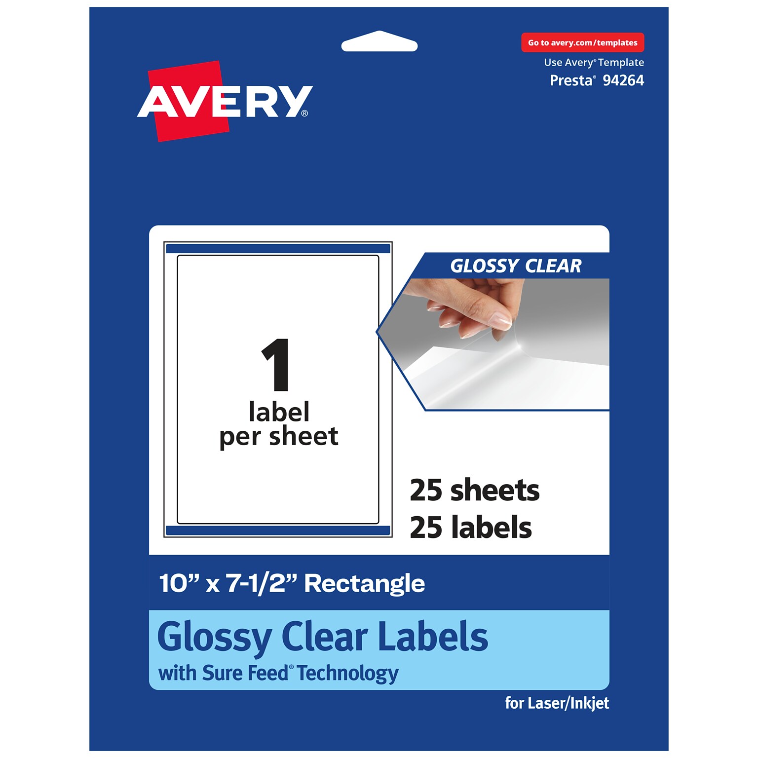 Avery Laser/Inkjet Multipurpose Labels, 7.5 x 10, Glossy Clear, 25/Pack (94264)