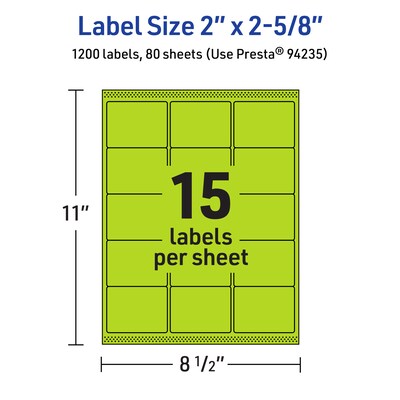 Avery Laser/Inkjet Multipurpose Rectangle Labels, 2" x 2-5/8", Bright Green, 1200/Box (94235)
