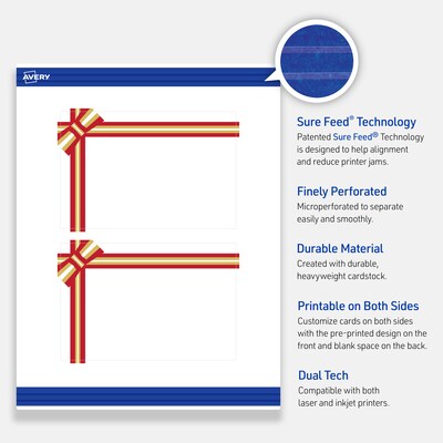 Avery Gold-Red Gift Bow Matte Blank Card, White, 20/Pack (S00-FFT)