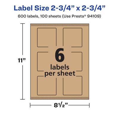 Avery Laser/Inkjet Square Multipurpose Labels, 2.75" x 2.75", Kraft Brown, 600 Labels/Box ( 94109)