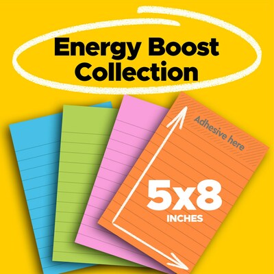 Post-it Super Sticky Notes, 5 x 8, Energy Boost Collection, Lined, 45 Sheet/Pad, 4 Pads/Pack (5845