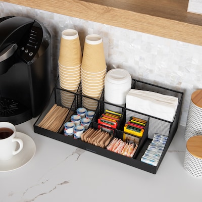 Mind Reader 11 Compartment Metal Coffee Cup and Condiment Organizer, Black (COMORGMESH-BLK)