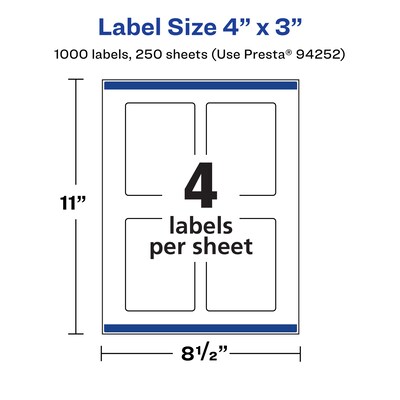 Avery Laser/Inkjet Rectangle Multipurpose Labels, 4" x 3", White, 1000 Labels/Box (94252)