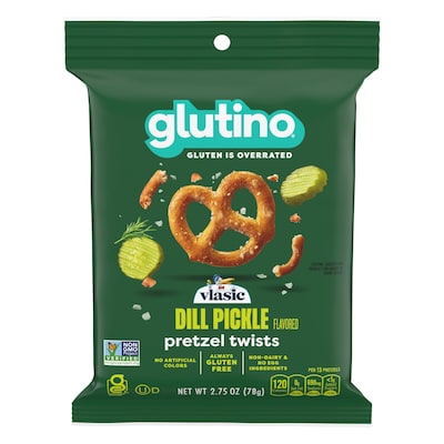 Glutino Gluten Free Vlasic Dill Pickle Flavored Pretzel Twists, 2.75 oz., 8 Bags/Carton (GOV04157)
